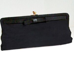 After5 Vintage  Black Satin Clutch with Bow, Diamante Kiss Clasp & Chain Handle